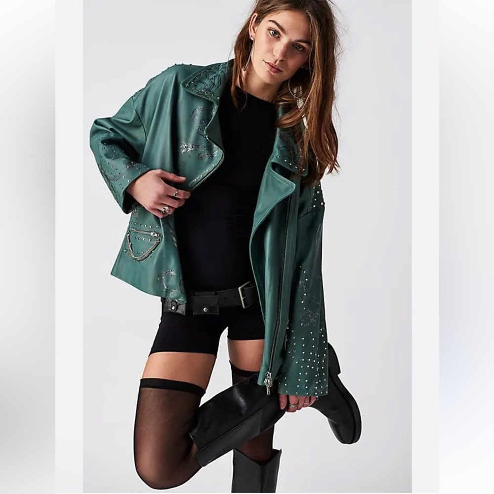 Free People NIGEL PRESTON Chain Embellished Biker Jacket - Aqua Size S